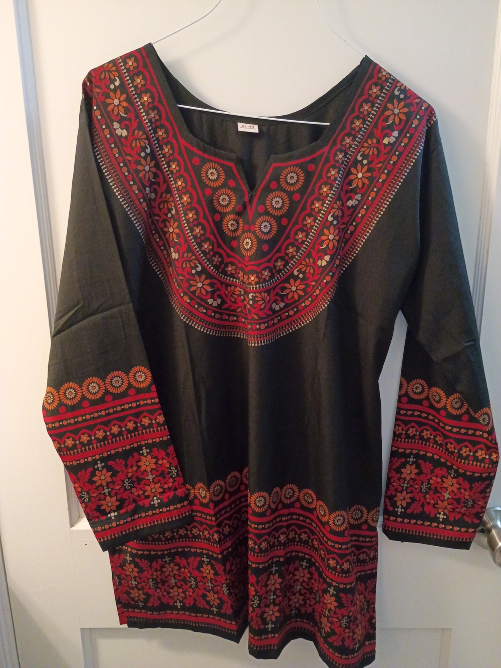 Boho Embroidered V-Neck Tunic Top in Black and Red